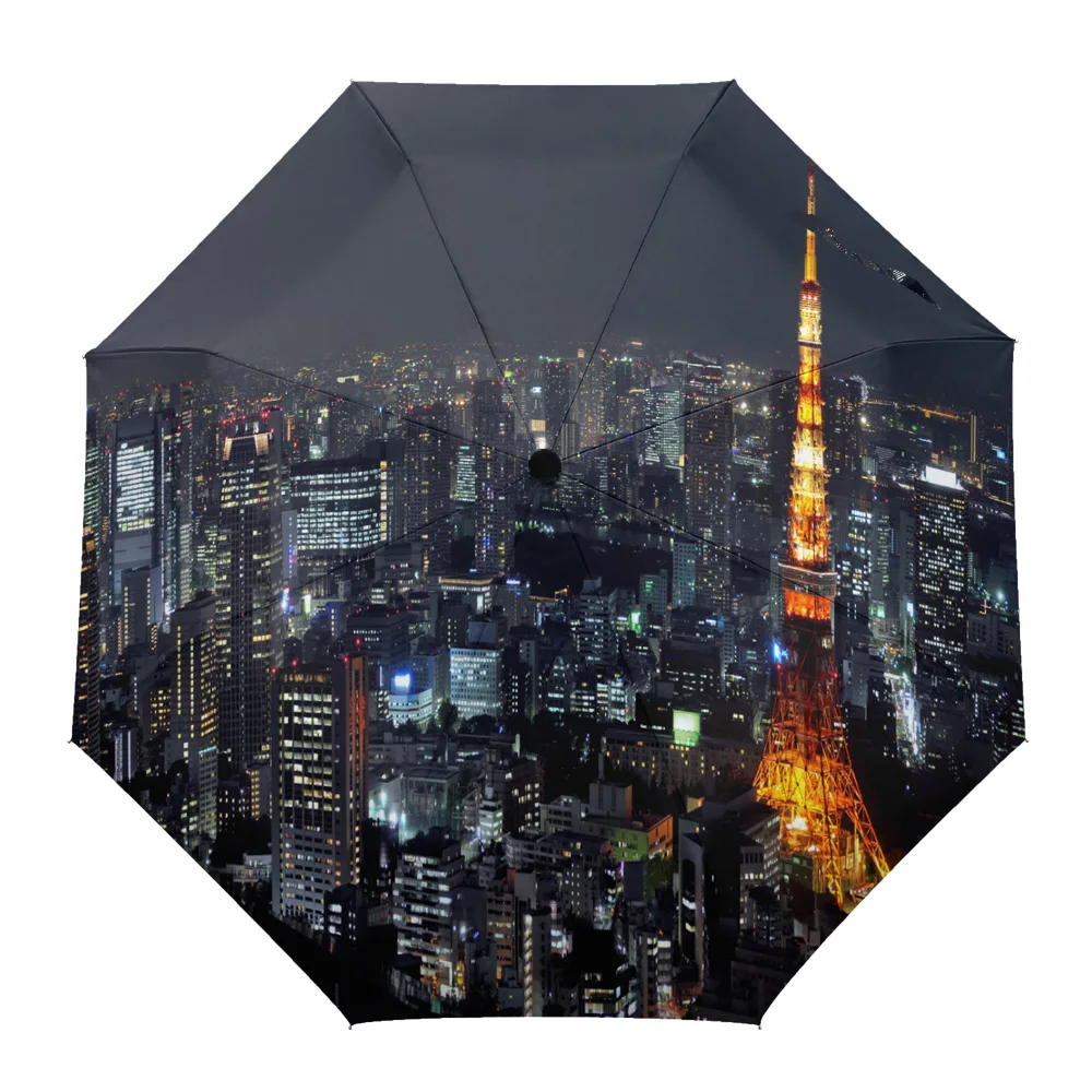

City Night Cityscape Automatic Umbrella Men Women Rain Windproof Outdoor Travel Sun Three Folding Umbrellas 8 Ribs Gift Parasol