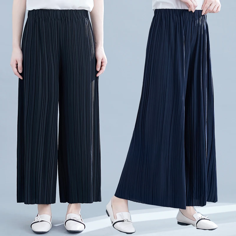 

Женские брюки Ele Pleated Wide Leg Pants свободного кроя с эластичным поясом, из тонкой хлопково-полиэстеровой смеси, весенняя мода, большие размеры.