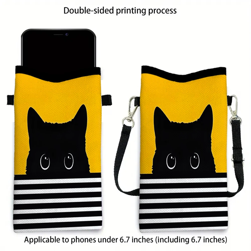 Mode gelber Hintergrund schwarze Katze Handytasche multifunktionale Umhängetasche Handytasche verstellbarer Riemen Umhängetasche für Frauen