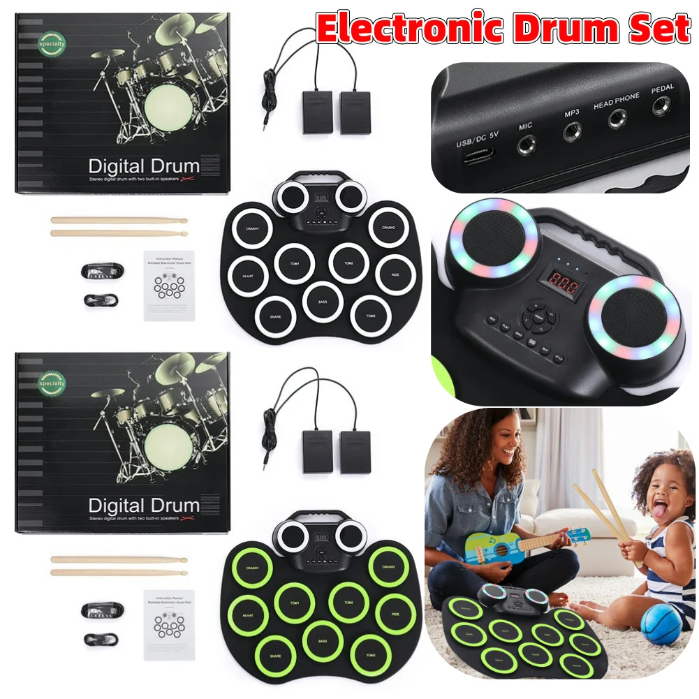 Portable Drum Kit with Drum Sticks and Pedals Electric Drum Pad Electric Drum Set Xmas Birthday Surprise for Kids and Adults