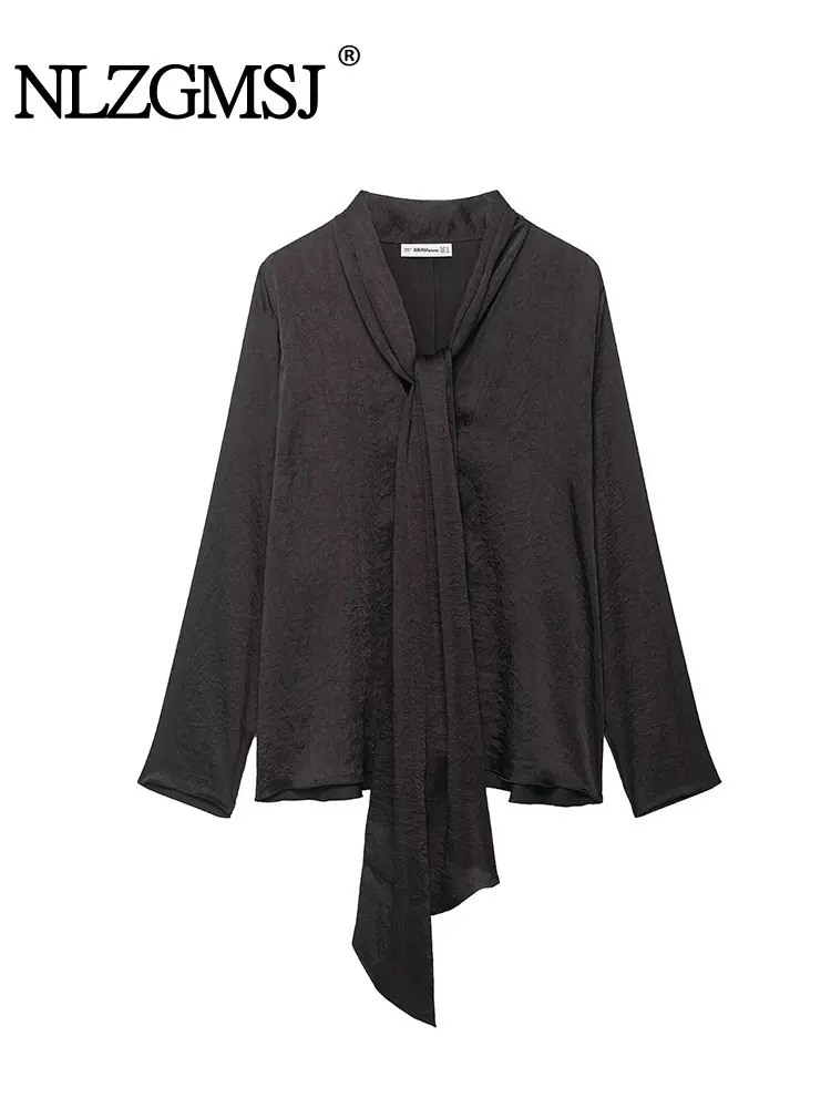 

NLZGMSJ Vintage Women Shirts Solid Bow V-Neck Long Sleeve Loose Blouse New Fashion 2025 Autumn Blouse