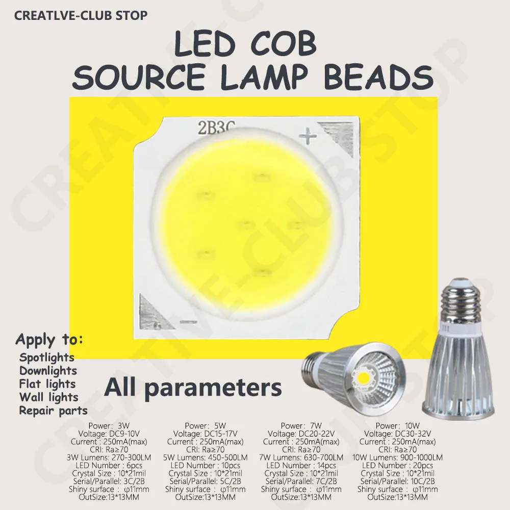 Lot de 10 pièces de perles lumineuses LED COB, 3/5/7/10W, 6500/4000/3000K, 1313 diodes