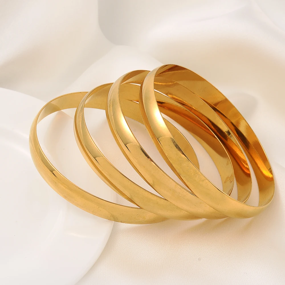 65MM 24K Smooth Gold Dubai Wedding Bangles For Women Ethiopian Jewelry Gold Color Indian Bangles Women Birthday Jewelry Gifts