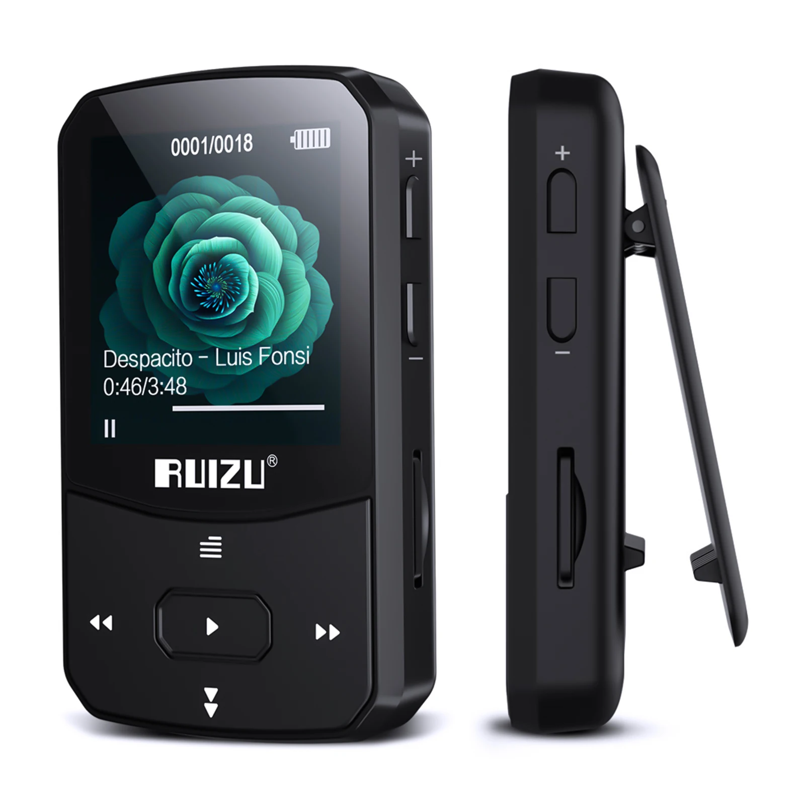 RUIZU X52 กีฬาบลูทูธ MP3 แบบพกพาคลิปมินิเพลง Walkman พร้อมหน้าจอสนับสนุน FM,การบันทึก,นาฬิกา,Pedometer วิทยุ