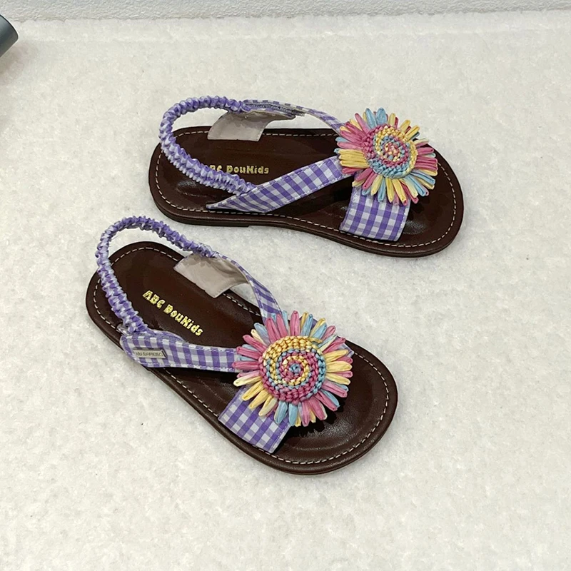 Girls Sunflower Sandals Summer 2026 Kid's Purple Floral Summer Shoes Kid's Plaid Strap Princess Sandals Baby Open-Toe Shoes
