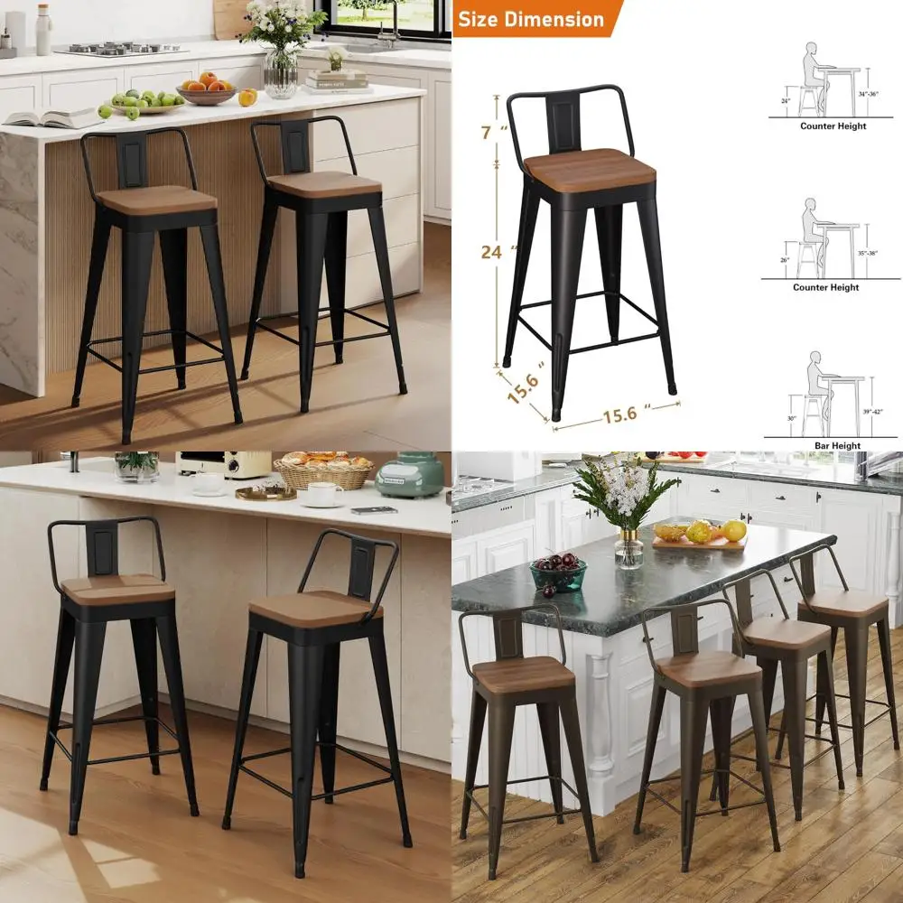 Modern Metal Bar Stools Set of 2 - 24 Inch Counter Height with Wooden Seats and Backs for Stylish Kitchen Bar