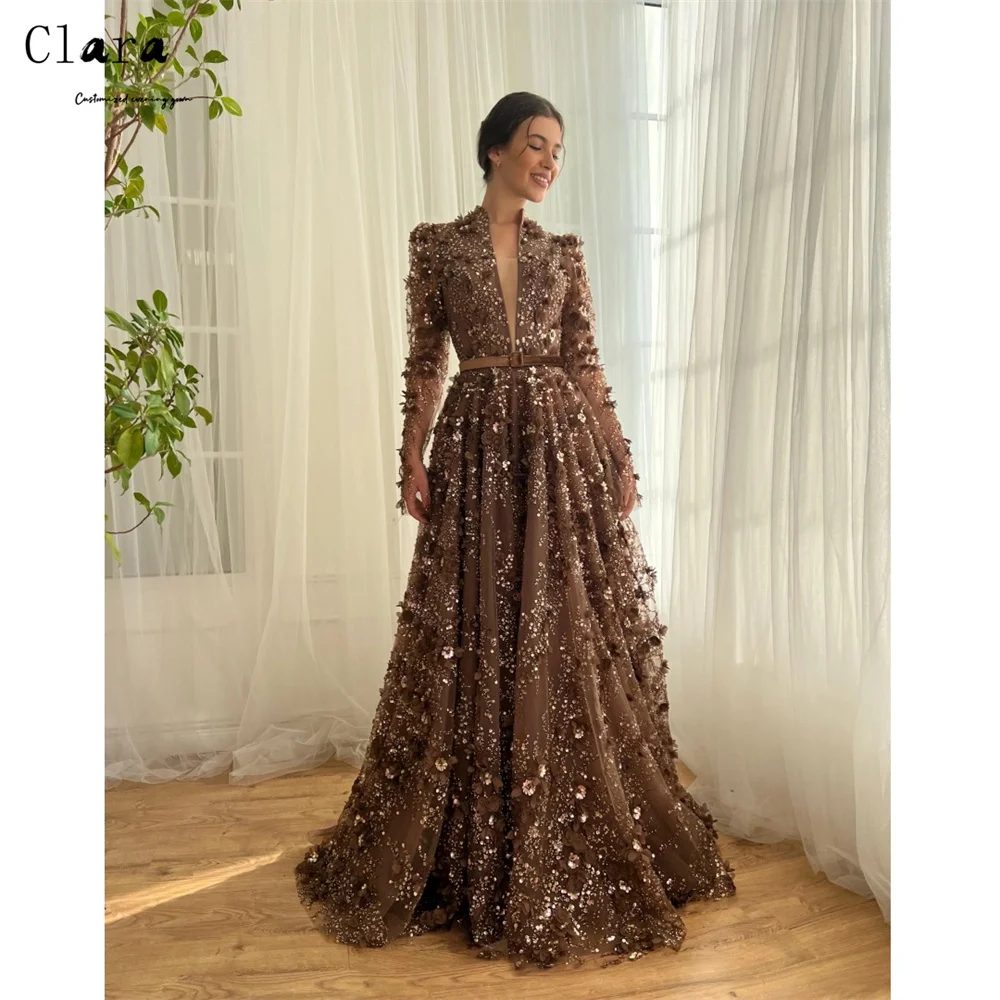 

Clara Custom Flower A-line Lace Long Sleeves Elegant Dresses for Women Long Party Dresses Woman Luxury Dress 2025 Evening Prom