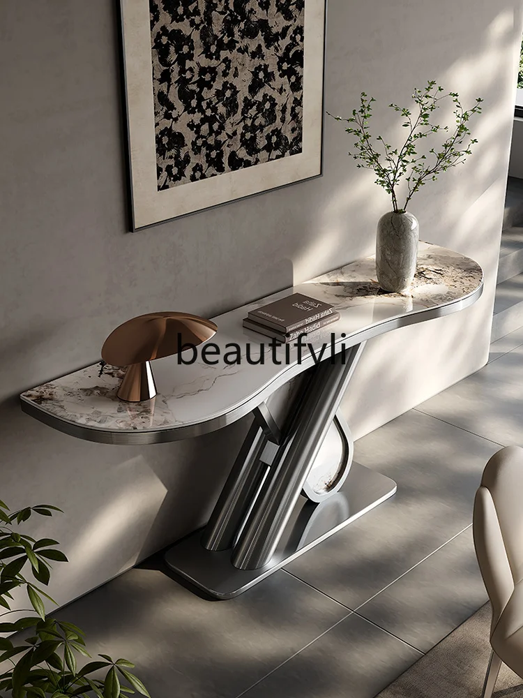 

Light luxury high-end entrance table Modern simple stainless steel marble against the wall Slate entrance table