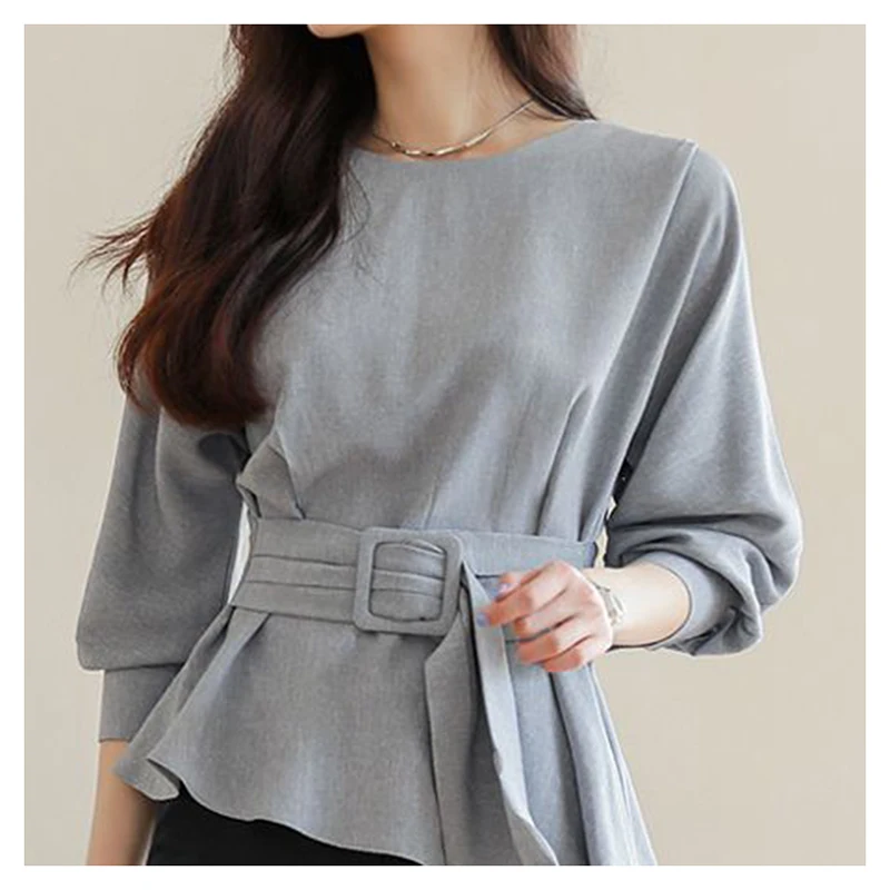 Top women's summer round neck design sense niche waist cinched seven quarter sleeve shirt women's shirt