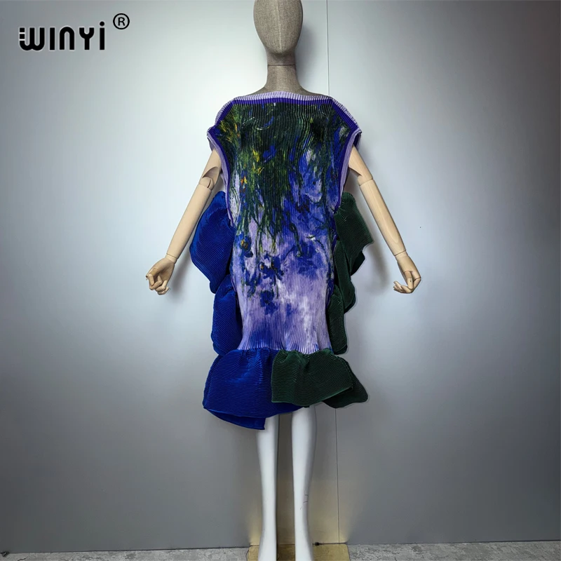 WINYI Maxi Kaftan Dress Dubai Style Pleated Elastic Puff Sleeves Beach Cover up Holiday Luxury Party Evening Gown