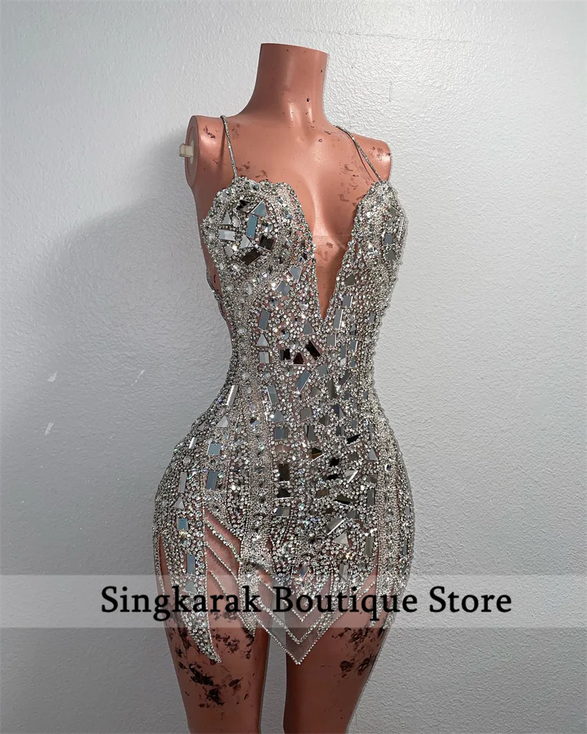 Sparkly Silver Short Prom Gown Bead Crystal Rhinestones Cocktail Dress Vestidos De Festa Birthday Party Dress Customized - view 2