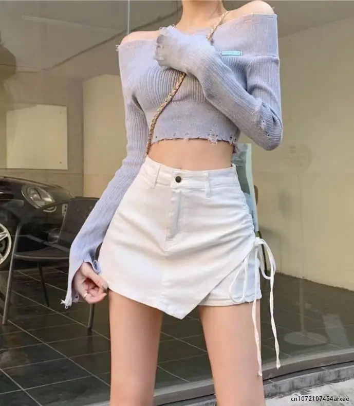 

Sexy Women's Jean Skirt Shors Fashion Side Strap Drawstring Demin Black Skirt Female Summer High Waisted Mini Faldas Mujer