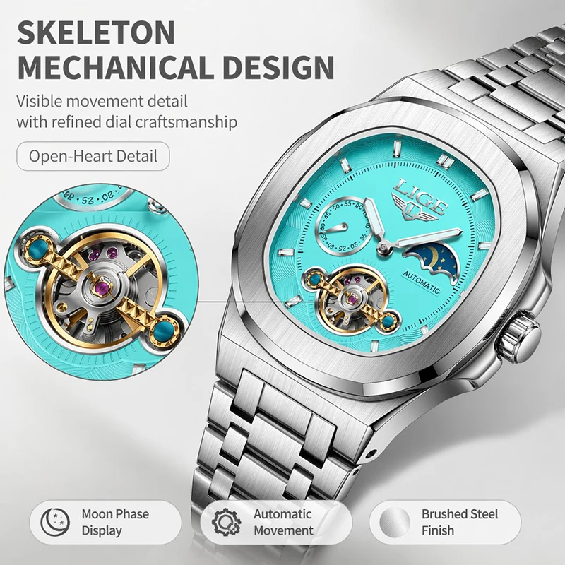 LIGE Luxury Men Mechanical Watch Automatic Self-Winding Waterproof Watches for Men Business Bracelet Wristwatch Montre Homme+BOX