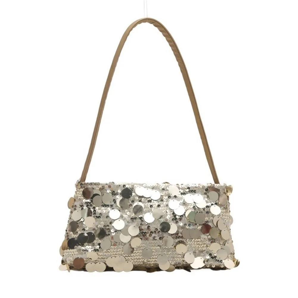 

Portable Large Capacity Shoulder Bag Shiny Sequins Multifunctional Underarm Bag with Zipper Solid Color Shiny Party Bag Dinners