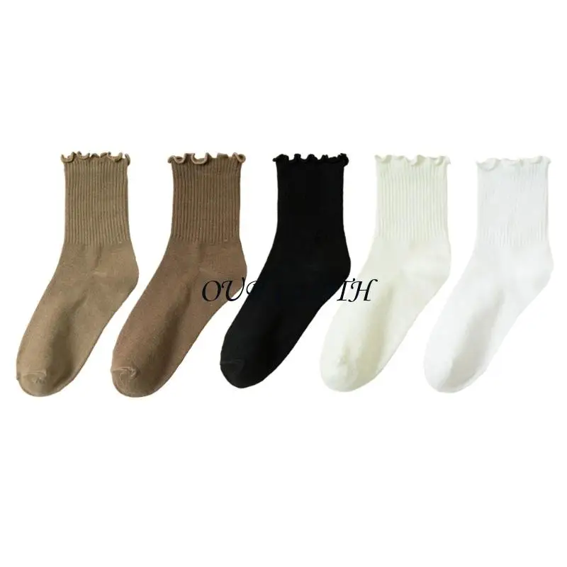 

Womens Ribbed Knitted Ruffle Frilly Socks 5 Pairs Set Comfort Footwear Y1AC