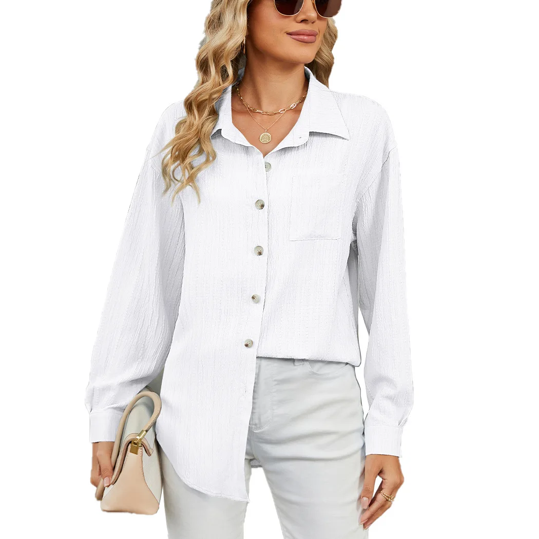 Camicia da lavoro casual da donna a maniche lunghe con risvolto e bottoni in maglia a costine Camicia da lavoro elegante da ufficio da donna Camicia da donna in tinta unita alla moda
