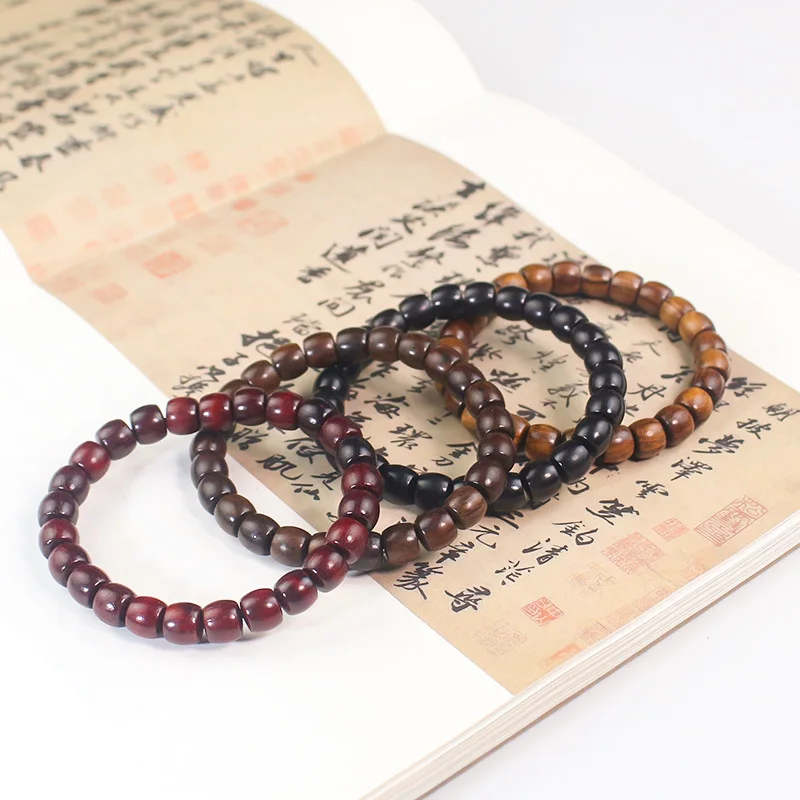 1pc Natural Sandalwood Bucket Bracelets 7x8mm Women Men Elastic Stacked Wooden Bangles Wrap Hand Jewelry Adjustable Accessories