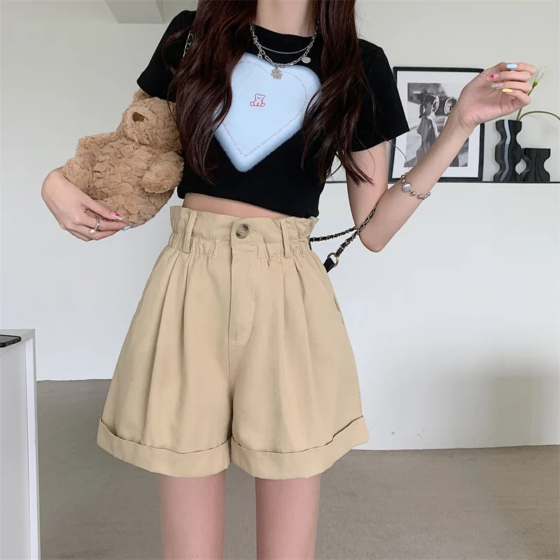 Elastic Waist Summer Women's New Flower Bud Lantern Pants High Waist Solid Color Elastic Waist Drawstring Loose Wide Leg Shorts