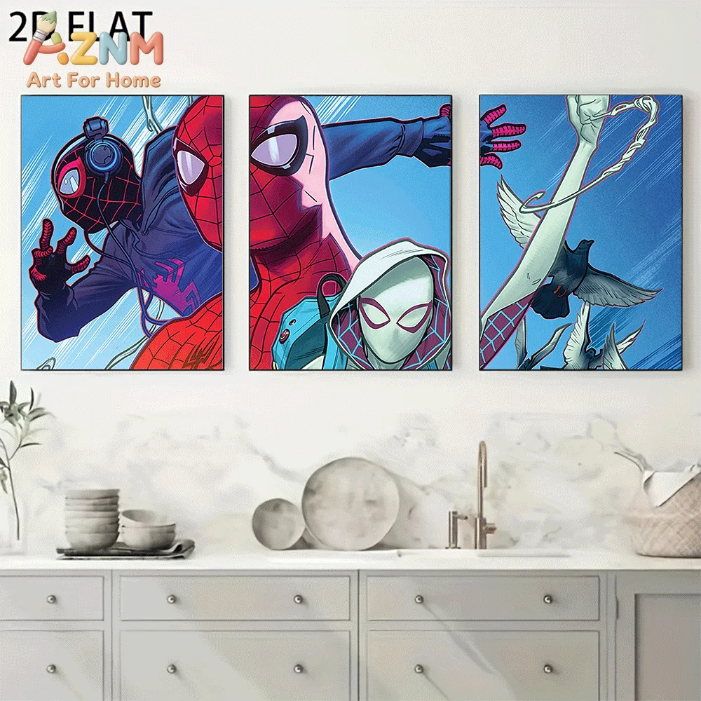 AZNM Spider-Verse Canvas Wall Art Frameless Poster Miles Morales Spider-Gwen Comic Style Superhero Character Print Boys Bedroom