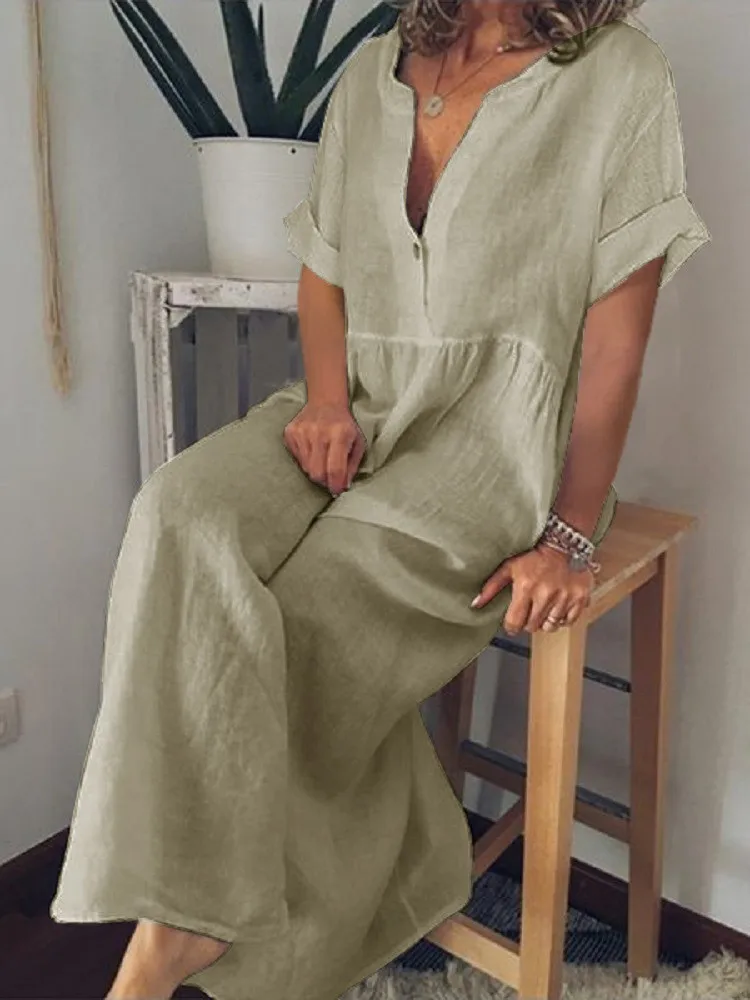 Casual Loose Dress For Women Fashion V Neck Short Sleeve Pullover Dresses Robe Femme Holiday Office Womens Clothing Summer New