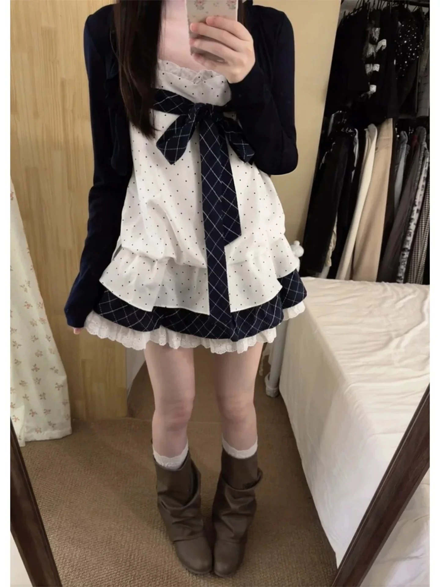 Sweet Pure Desire Polka Dot Strap Dress Women's Early Autumn First Love Pure Cake Short Skirt Long Sleeve Open Cardigan Set