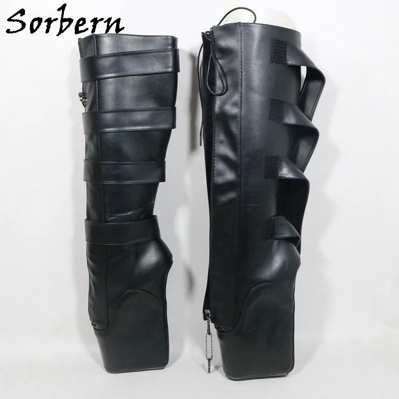 Sorbern Black Matte Knee High Boots For Women 18Cm Lockable Zipper Beginner Ballet Wedge Boot Heelless Fetish Purple Rub-Off