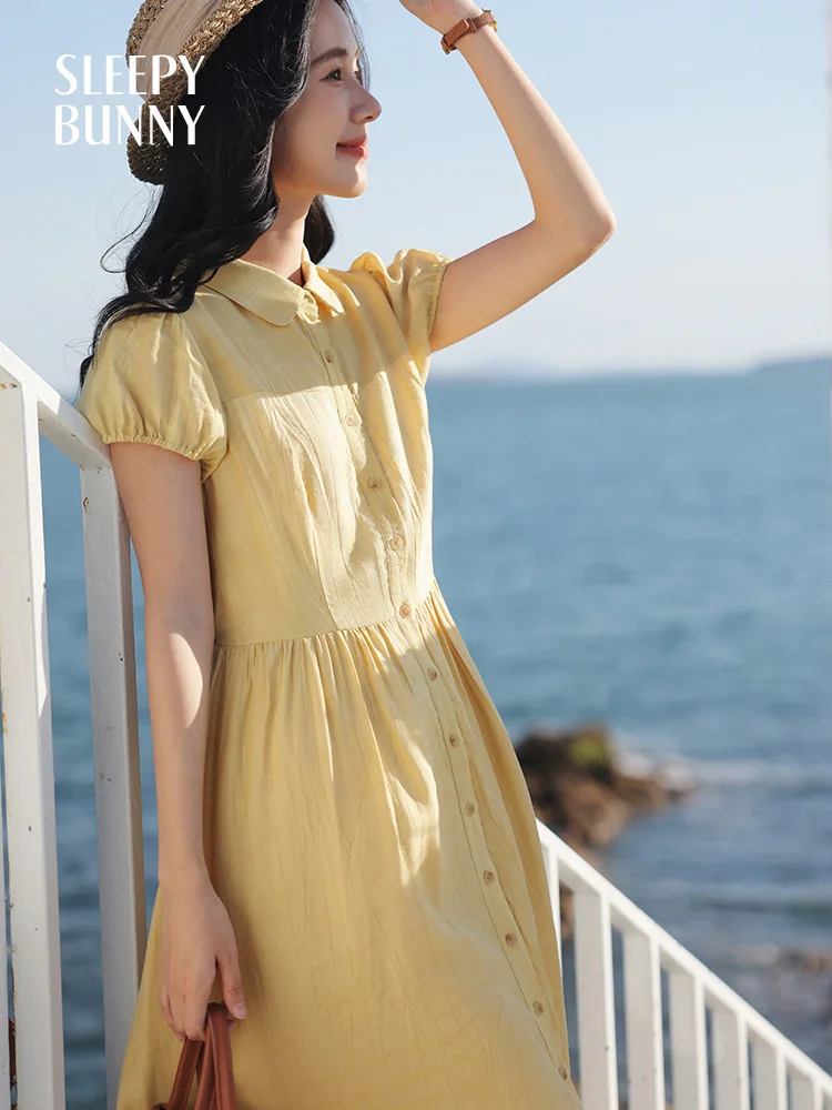 

Elegant French Puff Sleeve Midi Dress Women Summer Literary Style Doll Collar Dress Flowy High Waist A-Line Skirt Holiday Casual
