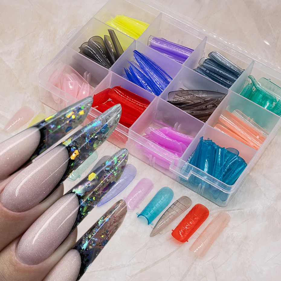 288 Pz/scatola Gel di Estensione Unghie per Costruzione Rapida Stampo 12 Formati per Unghie Francese Stile Copertura Completa Dito Top Forme Suggerimenti Strumenti