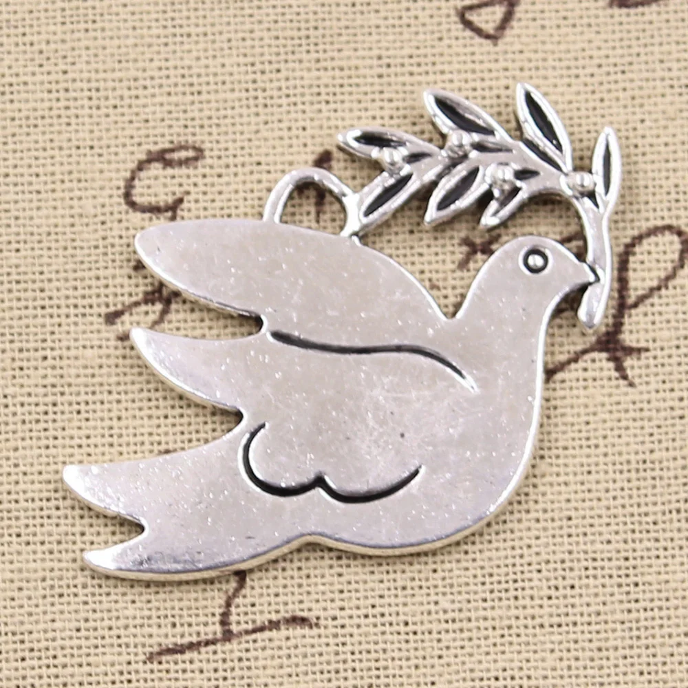 2pcs Charms Peace Dove With Olive 38x56mm Antique Silver Color Plated Pendants Making DIY Handmade Tibetan Finding Jewelry
