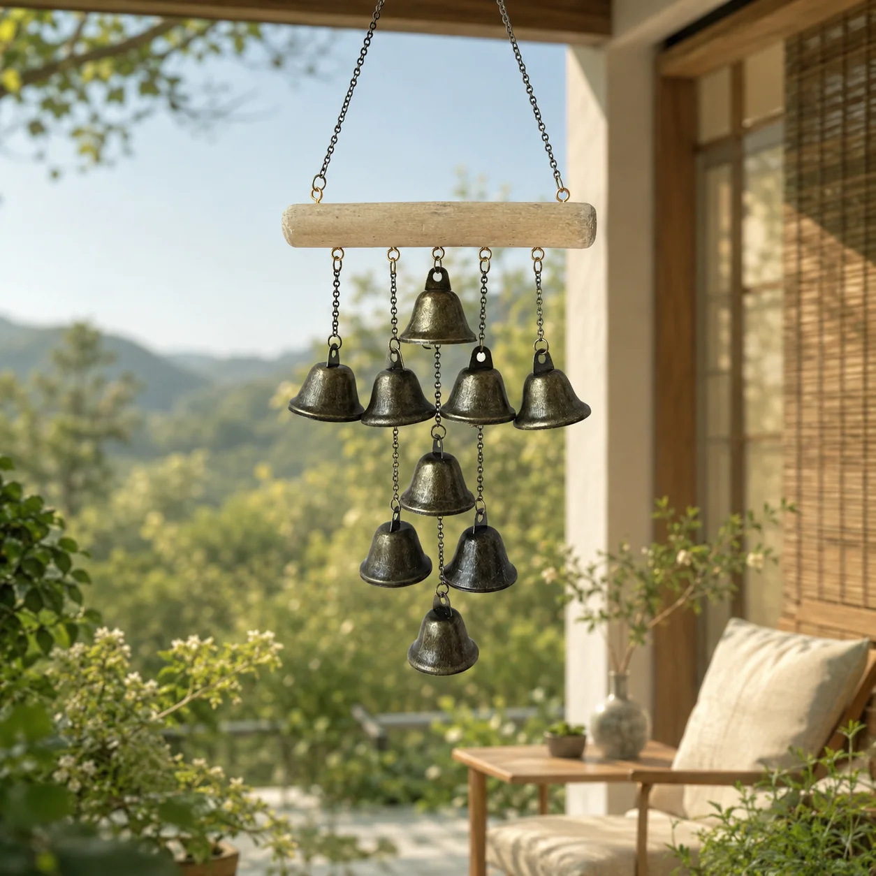 Vintage Wooden Iron Art Bell Wind Chime, Bronze-Colored Metal Wind Chime, Unique Wood Grain Texture, Suitable for Courtyard, Balcony Decoration, Patio, Balcony Eaves, Guesthouse Door, Garden Trellis Hanging