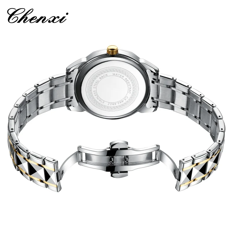 CHENXI 682 moda biznes męski zegarek kwarcowy kalendarz świecący ze stalowy pasek nierdzewnej wodoodporny prosty eleganckie zegarki dla mężczyzn