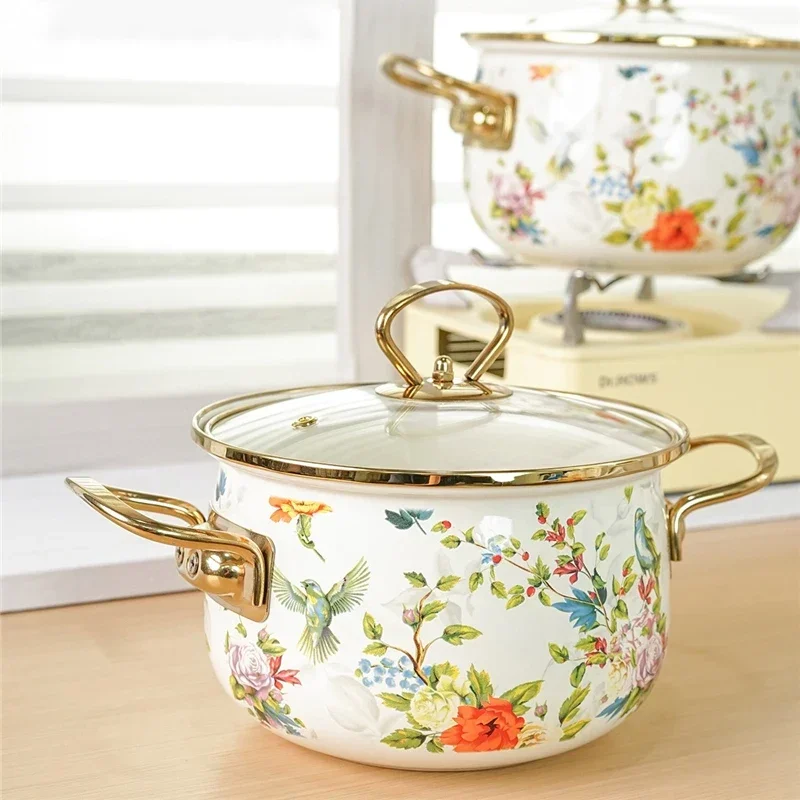 Enamel Soup Pot Retro Flower Bird Binaural Large Capacity Stew Pot with Home Lid Enamel Utensils for Kitchen Delicate Cookware