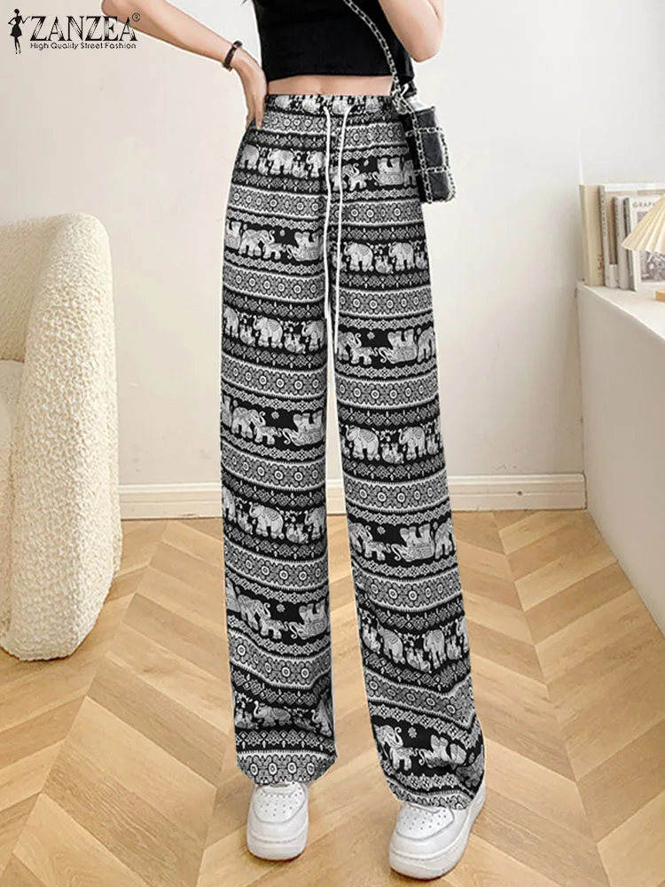 

2023 Autumn Printed Long Trouser ZANZEA Women Elastic Waisted Pants Fashion Oversized Straight Pantalons Casual Pockets Bottoms