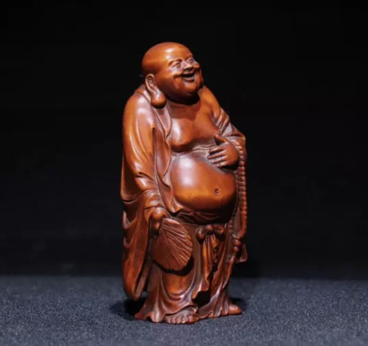 15cm Sammeln China Huanghuali Holz Handgravur Hold-Lüfter Maitreya Buddha Statue