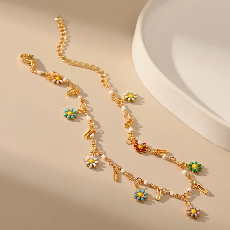 Bohemian Small Daisy Design Color Oil Drop Process Flower Pendant 18k Gold Plated Link Chain Anklet for Women Beach Jewelry