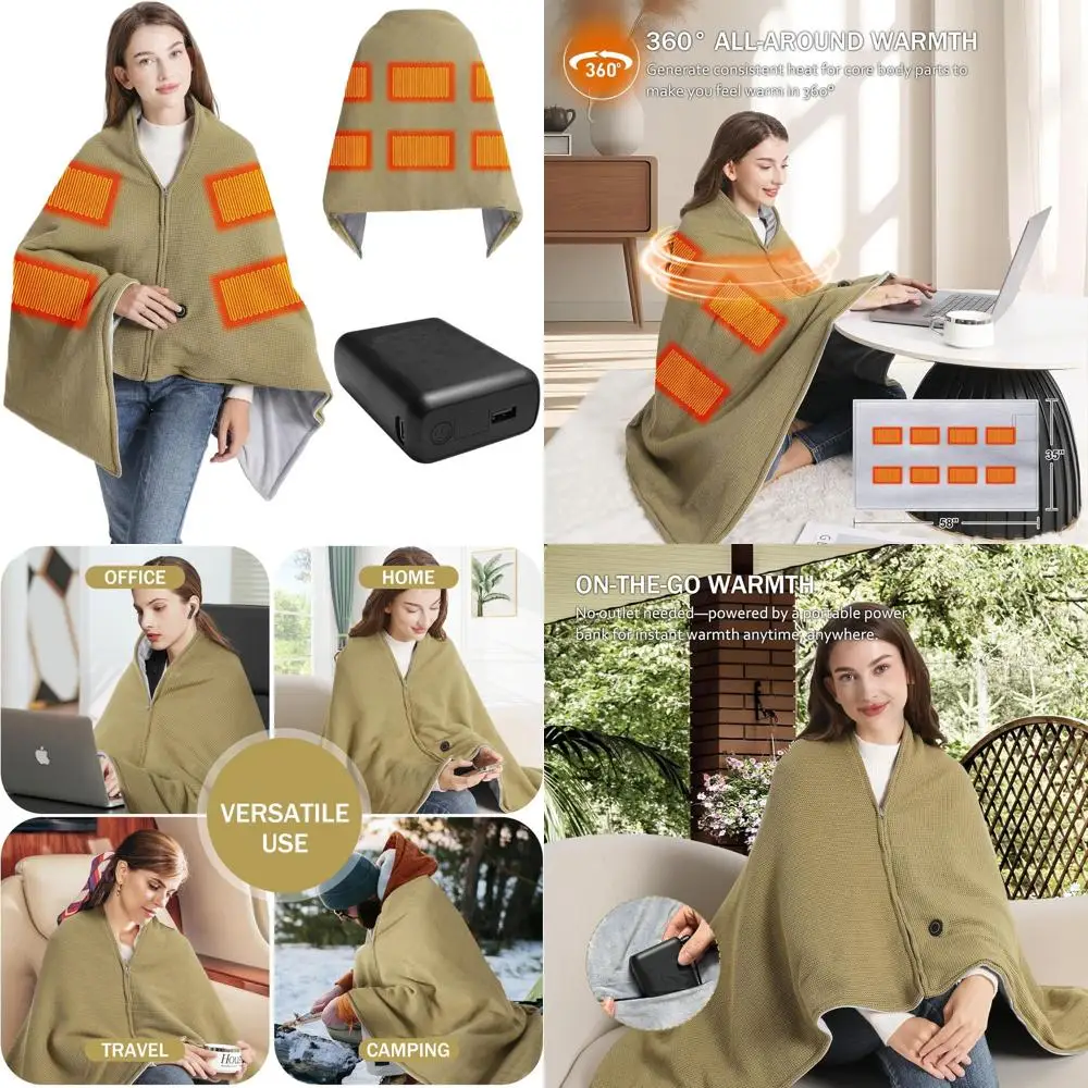 

Portable 20000mAh Cordless Heated Blanket, 58x32 Green & Gray, 3 Temperature Settings, Comfortable Throw for Anywhere Use