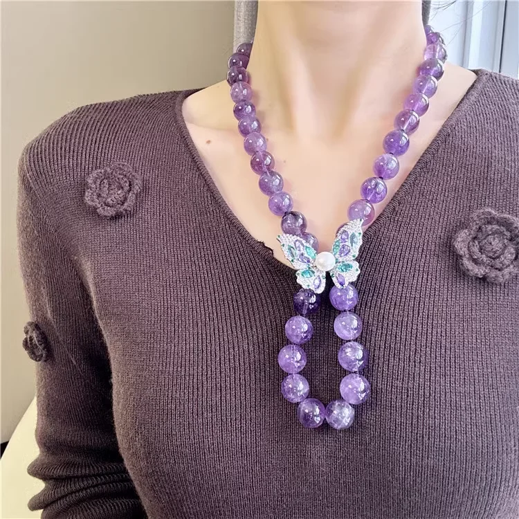 

14mm AA+ Natural Round Purple Amethyst Quartz Stone Necklace With Butterfly Brooch