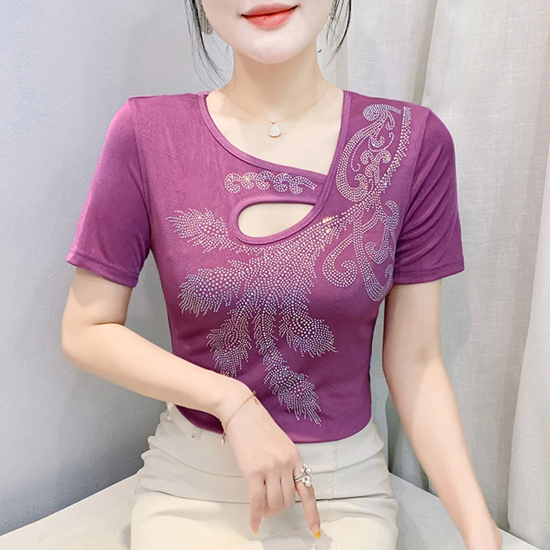 

Korean Fashion Women T Shirt 2025 Summer Tops Hot Diamond Sexy Short Sleeve Black Shirt
