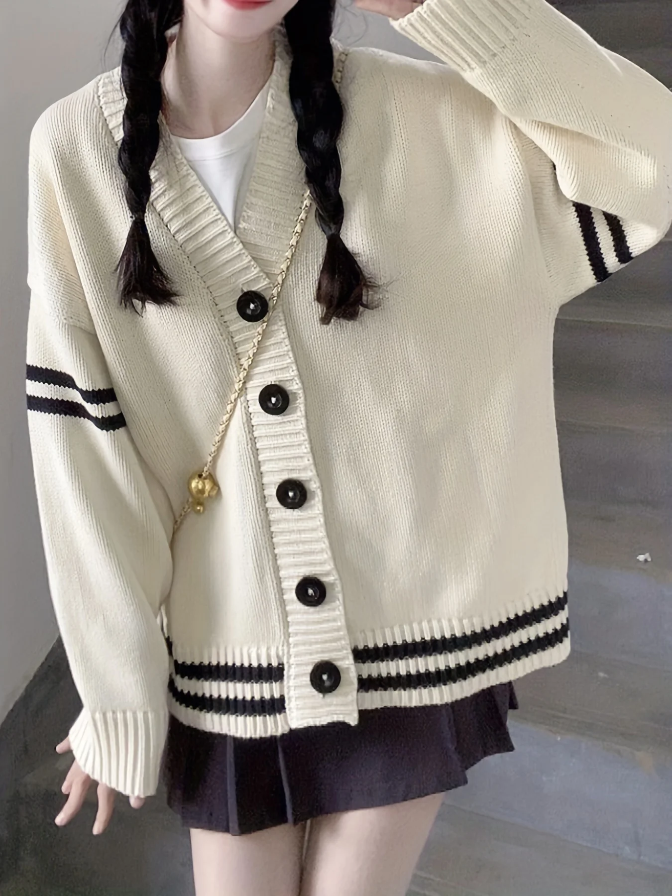 Female Lazy Vintage Striped Loose Cardigan Sweater Women\'s Korean Kawaii Single Breasted V Neck Knit Cardigan