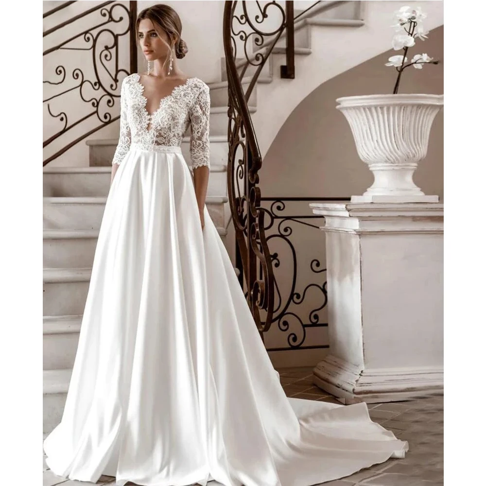 Vestido de novia elegante con escote en V profundo para mujer, apliques de encaje, línea A, vestido de novia de manga larga, vestido de novia de cola de barrido personalizado