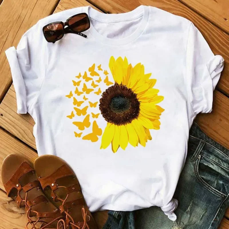 Camiseta con estampado de girasol, pantalón corto informal de manga corta con cuello redondo para primavera y verano, ropa de camiseta de talla grande para mujer