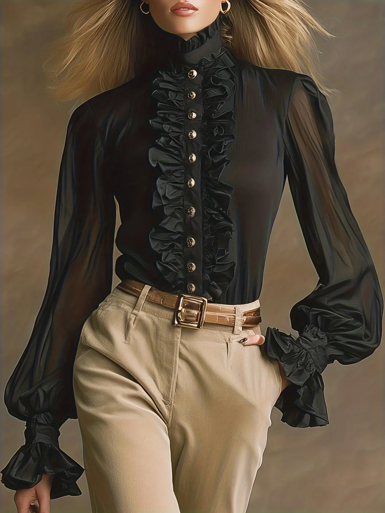 Fashion Victorian Womens Perspective Chiffon Tops Ruffles Long Sleeve Button Solid Color OL Office Shirt High Neck Blouse Tops