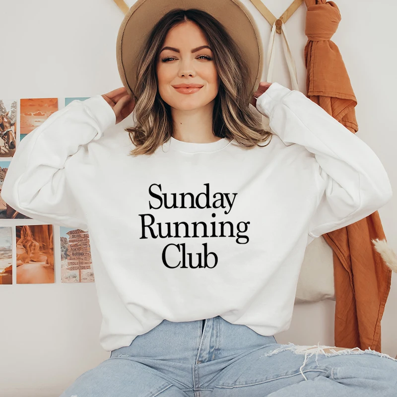 Sunday Running Club Women Sweatshirt Motivation Graphic Jumpers Long Sleeve Cotton O Neck Pullovers Winter Clothes Christian Top