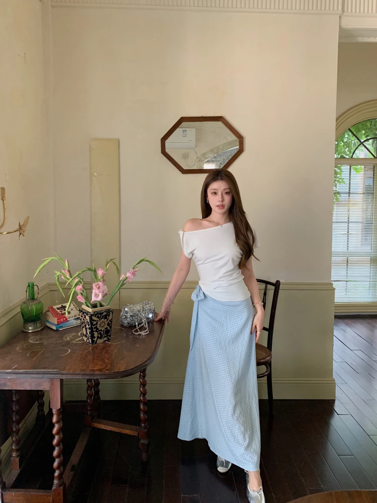 

Комплект юбки в клетку BEASS из модала с бантом, длинное платье, лето 2022, хлопок ort Sve, асимметричный топ с плечами