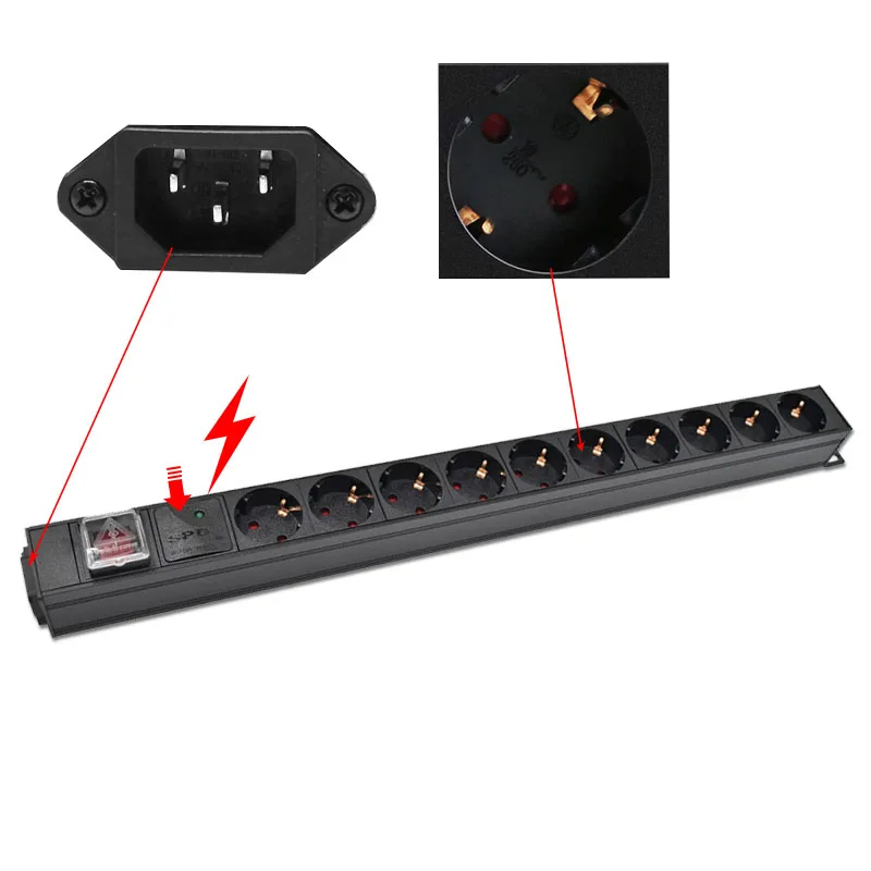 

PDU Power Strip Distribution Unit Cabinet 10 Way AC German Socket Break Switch Aluminum alloy shell C14 Interface SPD