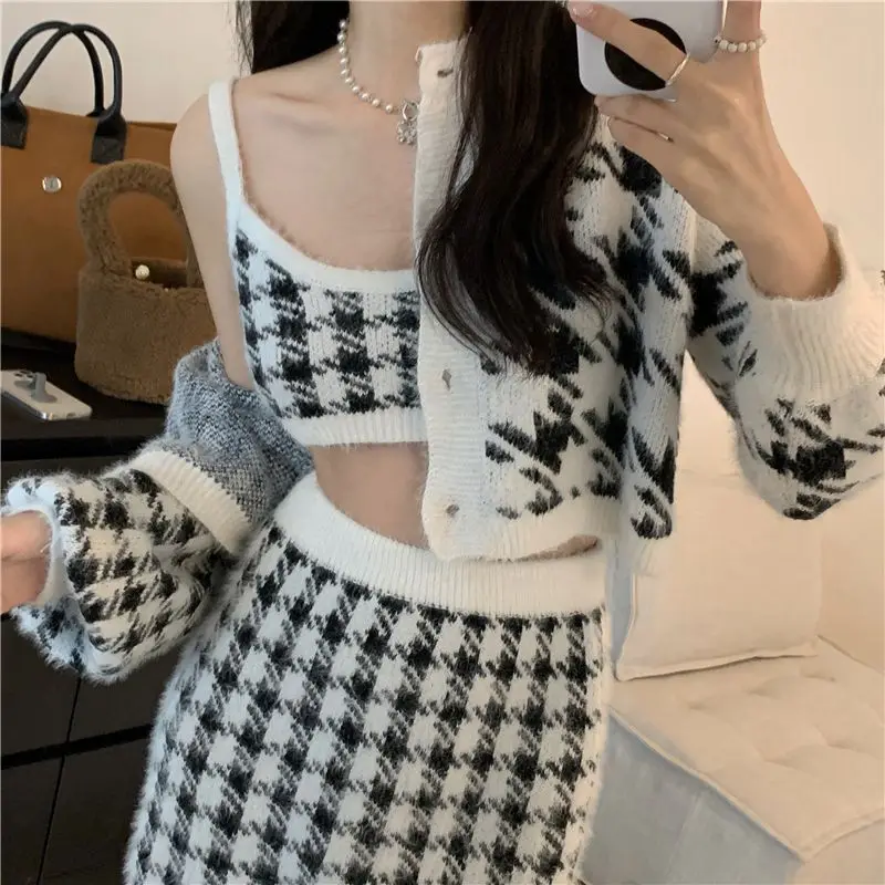 Autumn Y2k Knitted 3 Piece Set Women Patchwork Preppy Style Elegant Mini Skirt Suit Female Korean Fashion Long Sleeve Set Cute