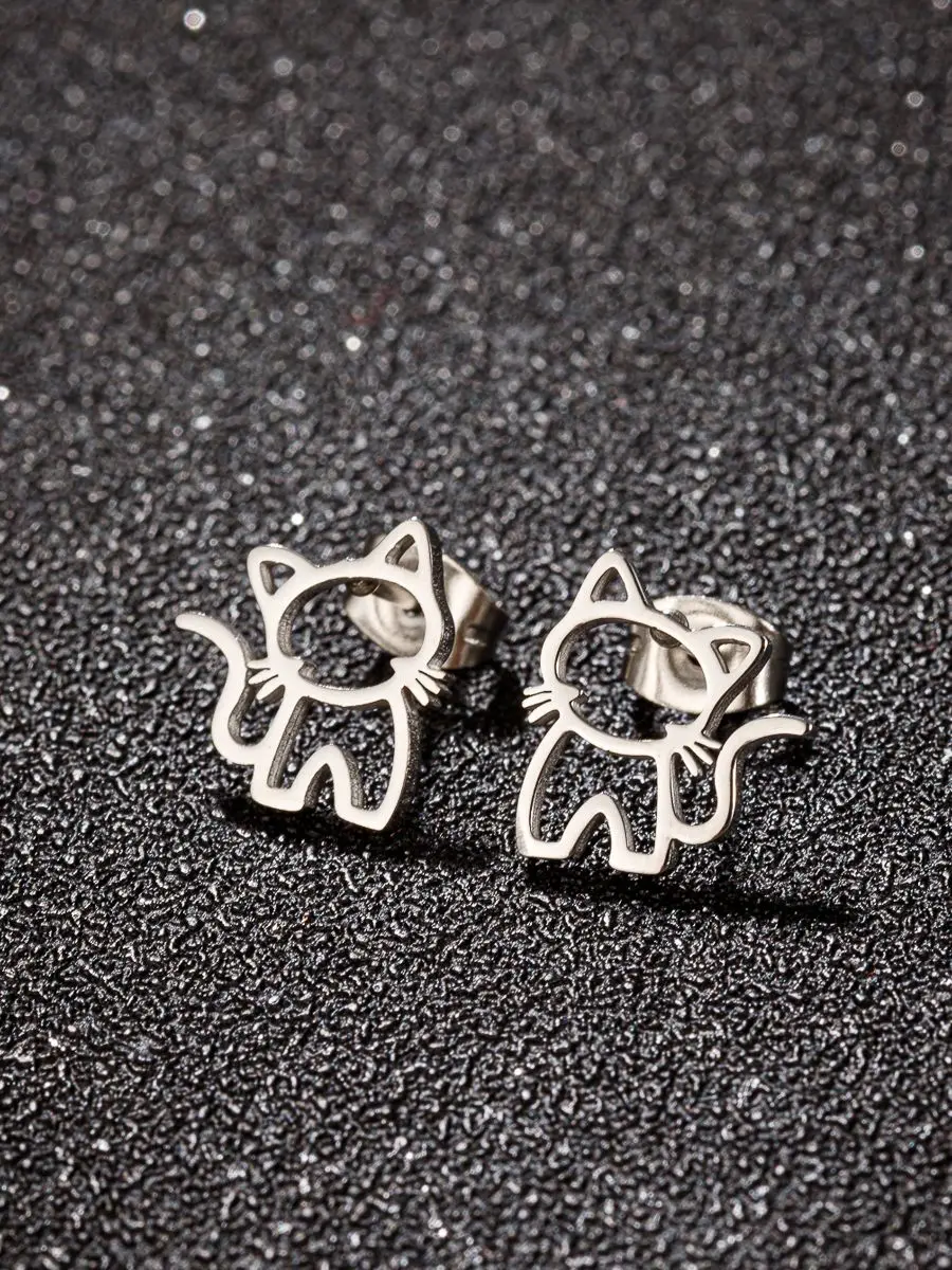 New Stainless Steel Cat Earrings Cute Design Trend Cartoon Hollow Out Ear Studs Punk Style Fashion Small Jewelry Party