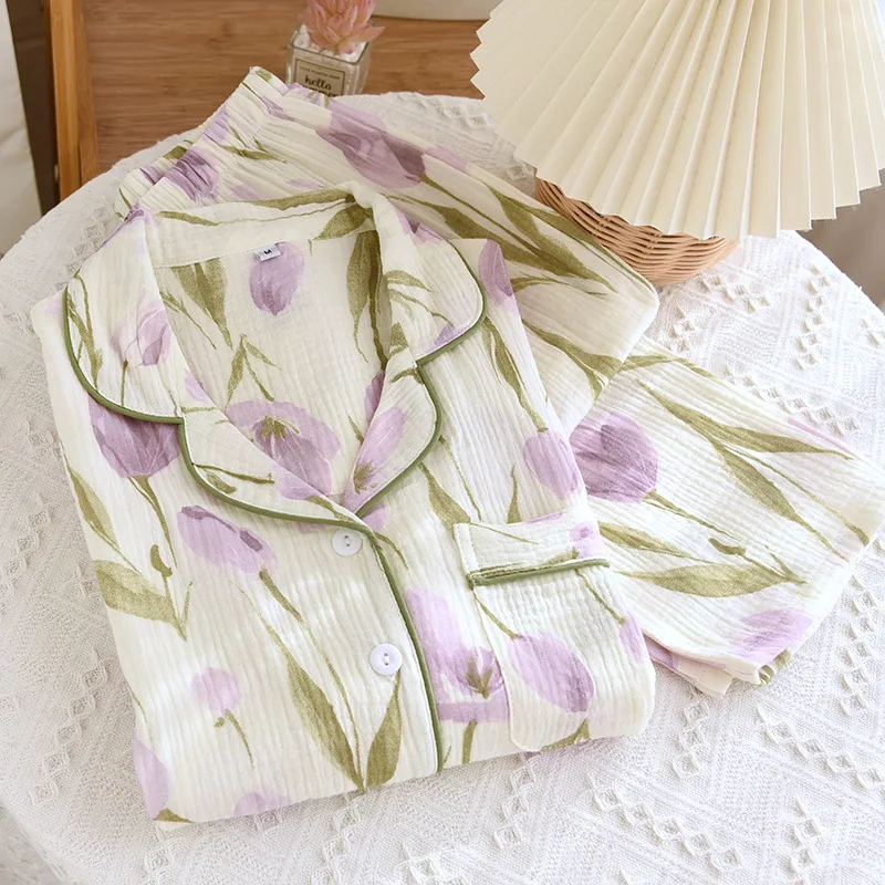 

2025 New Spring and Autumn Women's Pajama Set 100% Cotton Crepe Long Sleeve Two Piece Flower Comfortable Home Clothing Set