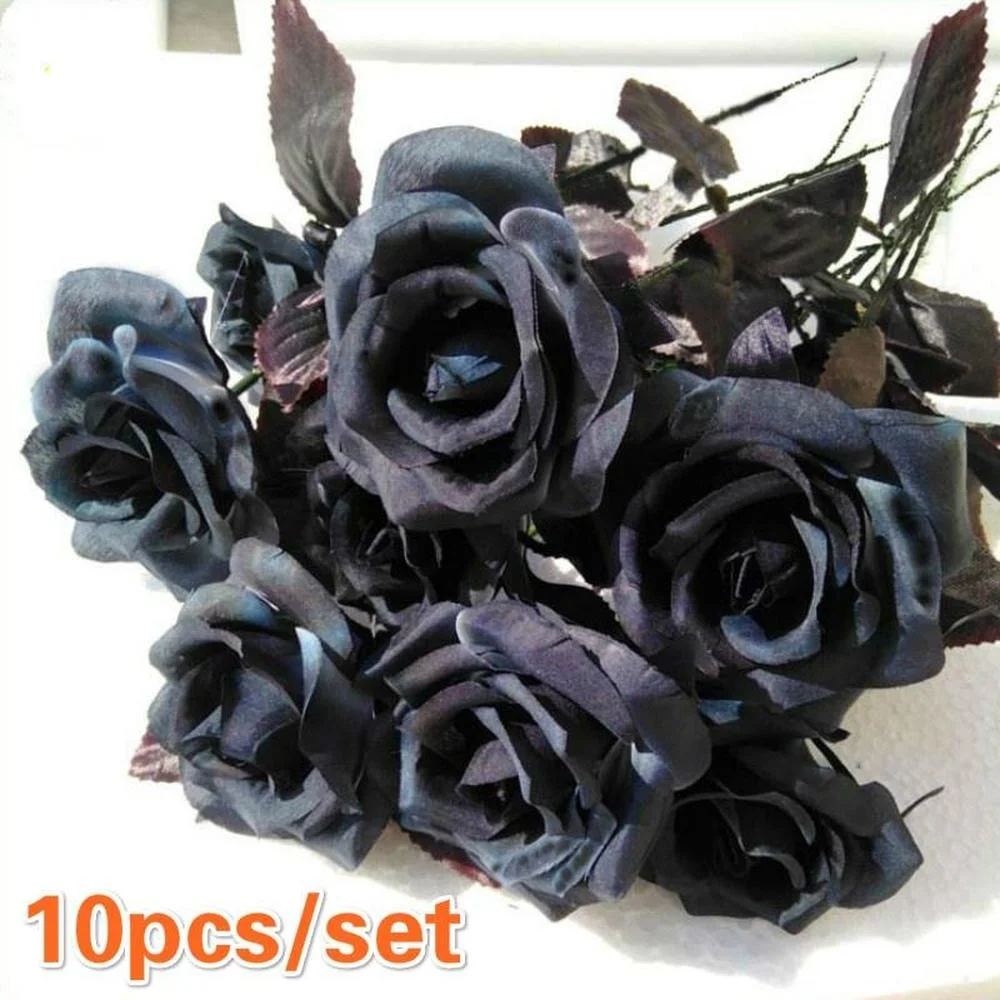 10pcs/Set Artificial Black Rose Bouquet Halloween Home Simulation Black Rose Fake Flower Wedding Par