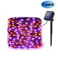 1pc Solar Orange & Purple Halloween Lights, 39.37ft 120 LED, Purple Solar Halloween Lights 8 Modes, Outdoor Twinkle Fairy Lights